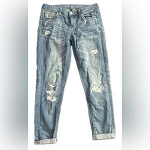 Mid Rise Distressed Boyfriend Jeans - Light Blue